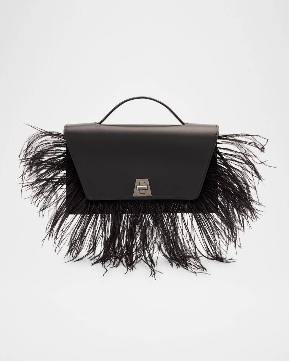 Anouk City Leather Top-Handle Bag with Feather Trim